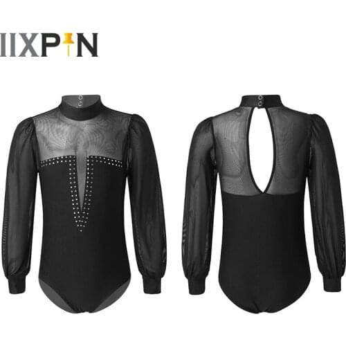 Kids Girls Mesh Long Sleeve Shiny Crystal Dance Wear Ballet Gymnastics Leotard Dance Jumpsuit For Ice Skating Latin Rumba Dance