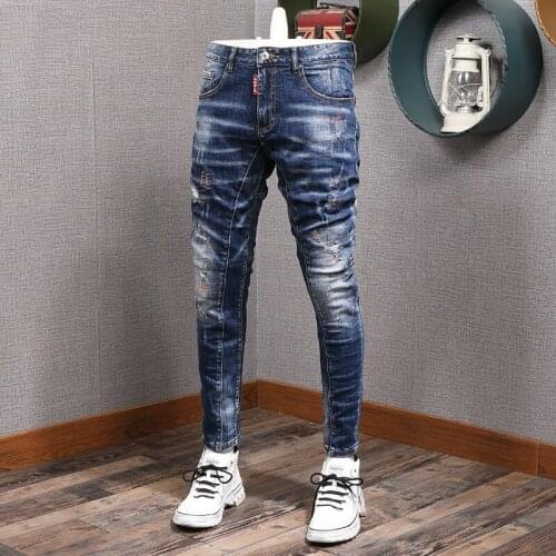 Men Jeans Retro Blue Elastic Slim Fit Spliced Fashion Streetwear Designer Ripped Biker Pants Homme Italian Vintage Trousers Male
