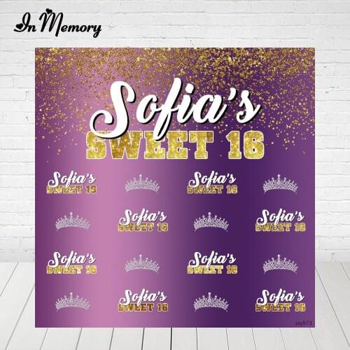 InMemory Sweet 16 Party Backdorps Purple Theme Gold Glitter Crown Girls Birthday Party Photography Backgrounds Custom Vinyl