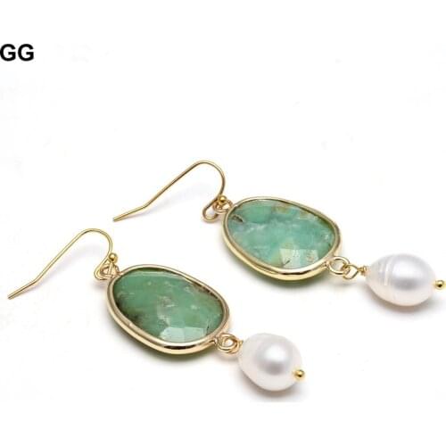 GG Jewelry Natural Green Chrysoprase Gold Color Plated Cultured White Rice Pearl Bezel Set Hook Earrings Cute For Women