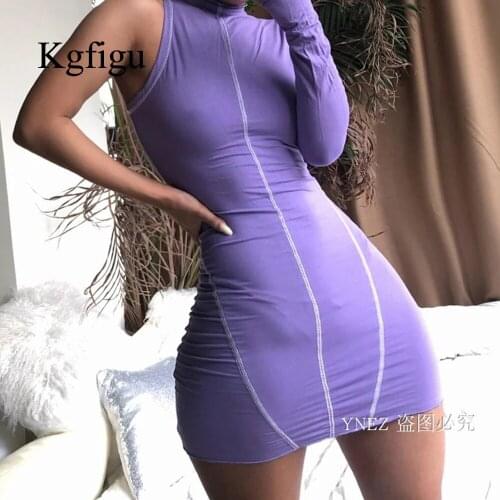 KGFIGU 2021 New Arrivals Sexy Dress Women One Shoulder Long Sleeve Skinny Bodycon Club Party Dress New Arrivals