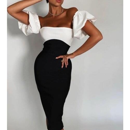 Short Black&White Satin Bodycon Evening Dresses Zipper Back Puffy Shoulder Arabic Formal Tea Length Party Dress for Women