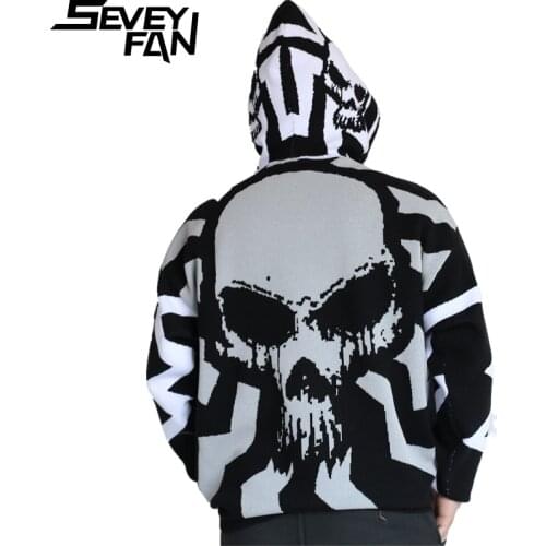 SEVEYFAN Mens Fashion Reflective Skull Jacquard Sweater Color Contrast Hip Hop Pullover Knitwear for Male