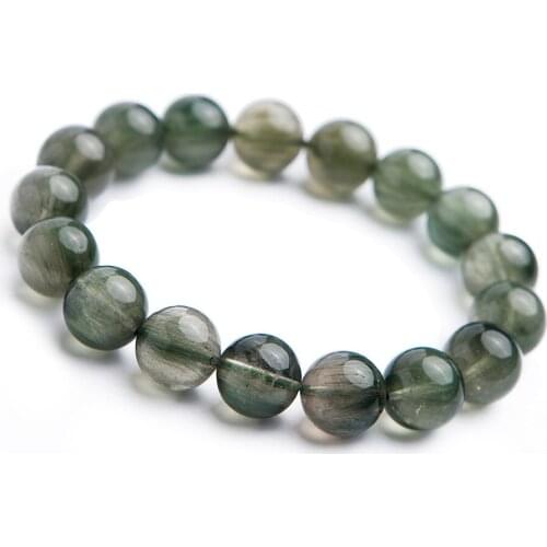 Newly Genuine Natural Green Rutilated Quartz Fashion Women Trendy Stone Bracelet 12mm Charm Stretch Round Natural Crystal Bead