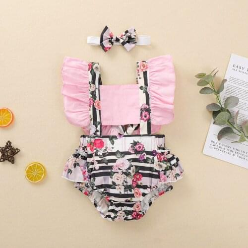 0-24M Summer Baby Girl Playsuit Floral Striped Print Hollow Ruffle Short Sleeve Romper+Headband Sweet Outfits 2pcs