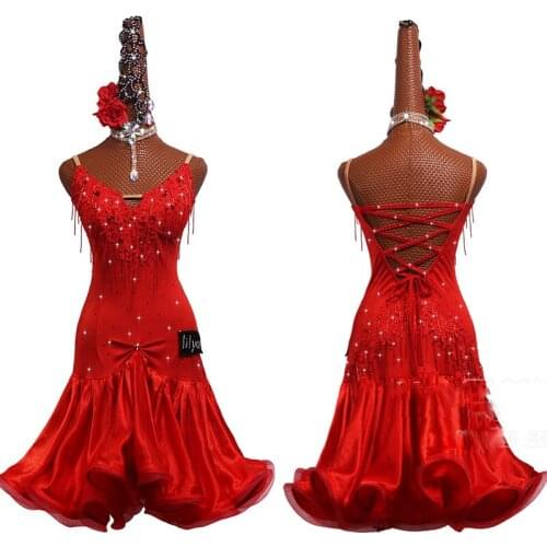 Latin Dance Dress Adults Shiny Rhinestones Red Sexy Backless Competition Dresses Salsa Rumba Chacha Samba Stage Show Wear DN4864