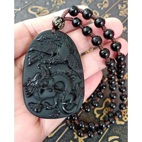 Nature Mexico obsidian Amulet Dragon Phoenix Carven Pendant Bead Mala Necklace Talisman