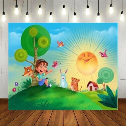 Photo Studio Props Vinyl Photography Backdrop Cartoon Girl Cat And Dog Under The Tree Kids Birthday Decoration Customizable Text