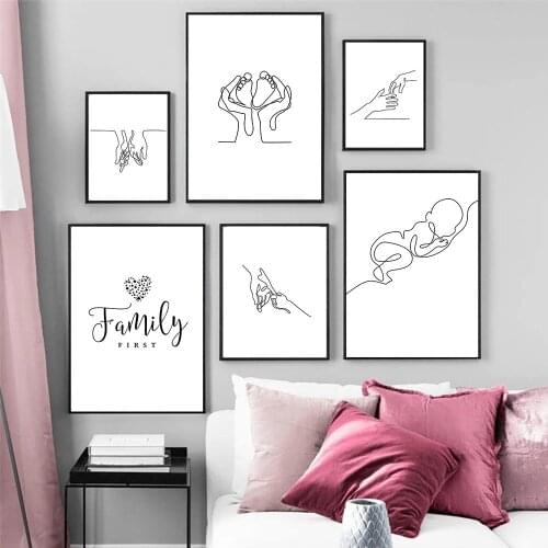 Hand In Hand Line Drawing Print Baby Love Family Wall Art Canvas Painting Black White Poster Pictures Nursery Kids Room Decor