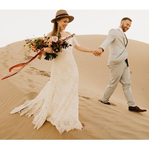 Off Shoulder Lace Beach Destination Rustic Wedding Dress Floor Length Custom Made 2021 Zipper Princess Bridal Gowns Plus Size