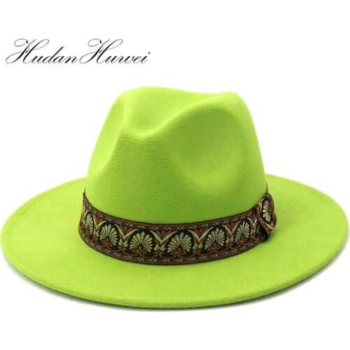 European American Fashion Woolen Jazz Fedora Hat Gentleman Ladies Hat Flat Wide Brim Lime Green Black Red Caps