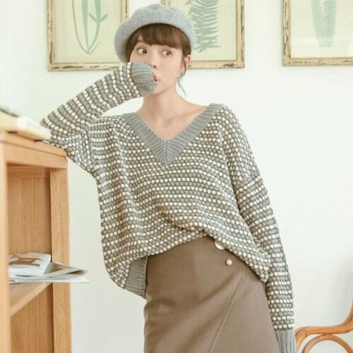 Fall Winter Sweater Student College Korean Loose V-collar Knitted Pullover Female Long Sleeve Casual Fashion Jumper Top H9425
