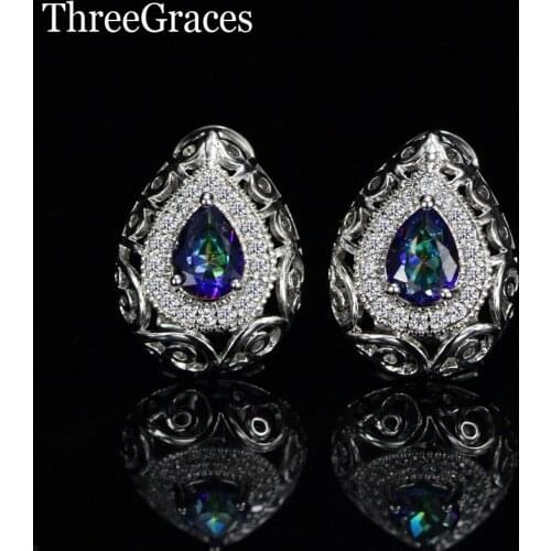 ThreeGraces New Fashion Ladies Stud Earrings Jewelry Silver Color Vintage Teardrop Blue Mystic Crystal With Clear CZ Stone ER271