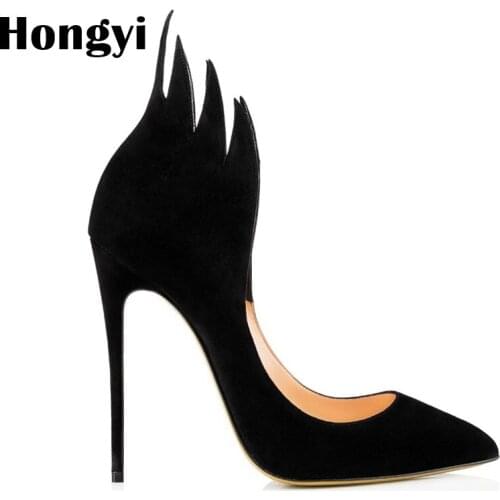Hongyi Sexy Ladies Carve out Leather Leggings Flame Design Pumps Stiletto High Heels Point toe Woman Dress Pumps Celebrity