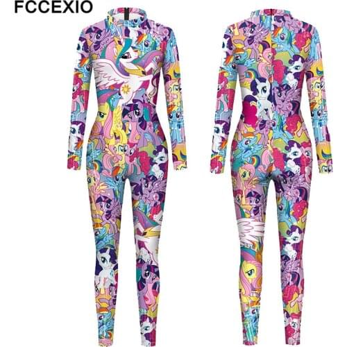 FCCEXIO Female Rainbow Unicorn Print Sexy Bodysuits Women Plus Size Back Zipper Party Slim Jumpsuits New Skinny Long Rompers