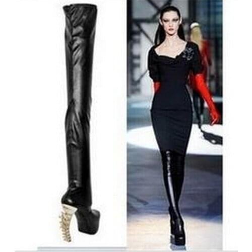 Sestito Woman Sexy Strange Style Fish Bone High Heels Over-the-knee Boots Ladies Thick Platform Long Boots Girls Round Toe Shoes