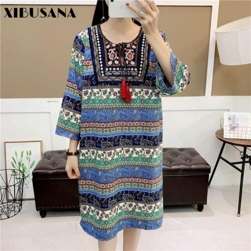 Womens Floral Printed Indie Folk Dress 2021 New Fashion Summer Loose Three Quarter O-Neck Plus Size Dresses Female Vestidos