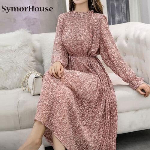 Elegant Stand Collar Floral Print Women Dresses Full Sleeve Elastic Slim Waist Chiffon Loose A-line Dress Autumn