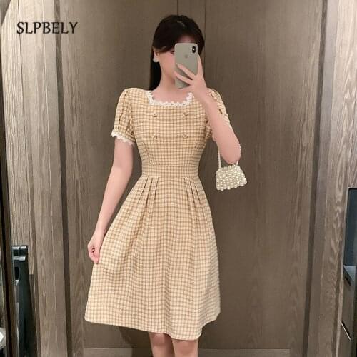 SLPBELY Women Vintage Plaid Dress Summer Elegant Square Collar Lace Mini Dress Puff Sleeve Casual Official Lady Vestidos Dress
