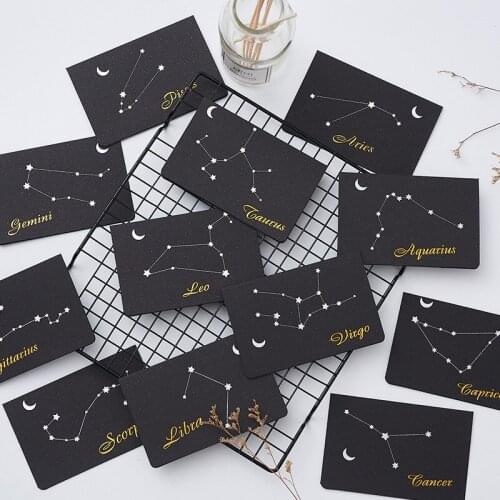 12pcs/Lot 12 Zodiac Signs Gold Foil Greeting Cards With Envelop Blue Business Message Cards Birthday Party Invitations Decor