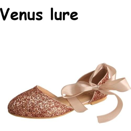 Glitter Womens Flats for Wedding Ribbon Tie Round Toe Party Wear Shoes Birthday