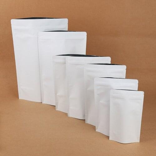 Ferimo 100pcs White kraft paper zip lock seal bag stand up packaging storage bags small large candy coffee food package