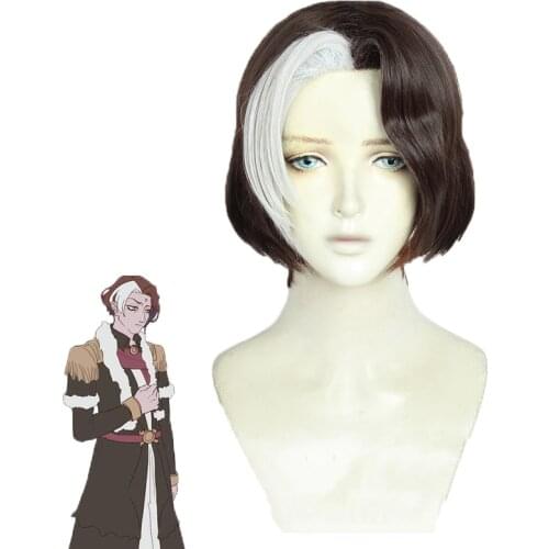 FF14 FFXIV Emet-Selch Brown Silver Short Curly Styled Heat Resistant Synthetic Hair Cosplay Wig + Wig Cap