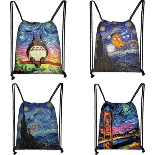 Oil Painting Starry Night Painting Van Gogh Drawstring Bag pattern Daypack Travel Bag Small Backpack Beach Pouch Kids Gift