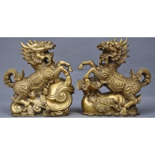 China Fengshui brass wealth moneybag RuYi Kirin Unicorn Kylin Beast statue pair