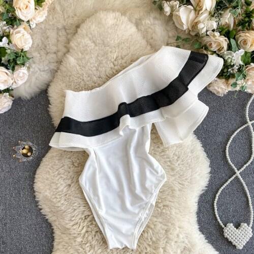 Summer Women one shoulder bodysuit striped flounce bodycon rompers black white sexy beach party club outfits