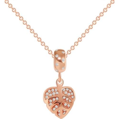 Fashion Luxury Crystal Jewelry Pendant Bling Rose Gold CZ Zirconia Two-Double Leaf Necklace For Women