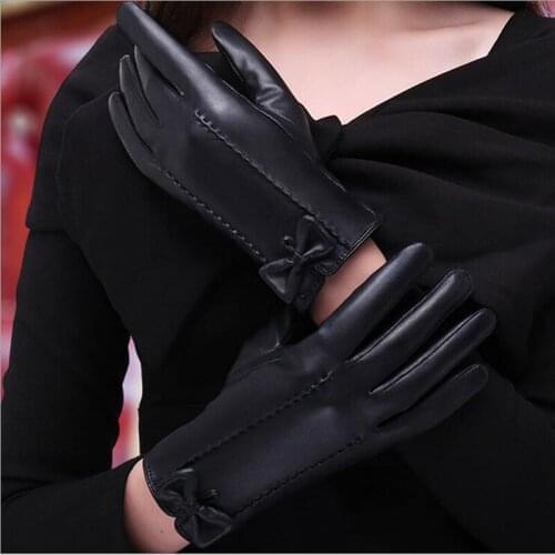 Fashion Winter Women PU Leather Black Bow Touch Screen Gloves Thickened Warm Full Fingers Windproof Driving Gloves Mittens G123