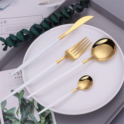 Mirror White Gold Cutlery 18/10 Stainless Steel Cutlery Set Western Tableware Dinnerware Silverware Flatware Fork Knife Set