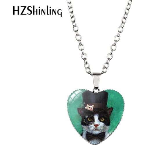 2020 New Steampunk Cat Pendant Necklace Art Printed Glass Cabochon Photo Jewelry Heart Pendants Handmade