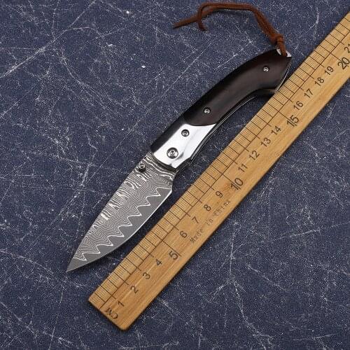 New Damascus Steel Blade Wooden Handle Pocket Camping Survival Hunting Self-Defense Multifunctional EDC Tool Fruit Folding Knife