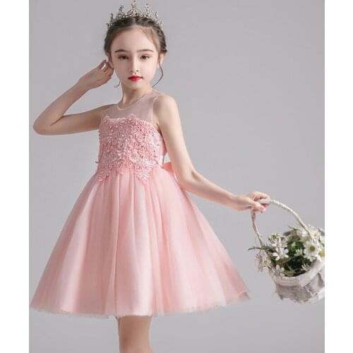 Baby Girls Clothes Kids Girls Ball Gown Dress Toddler Girl Summer Lace Pearls Embroidery Princess Birthday Party Dress pink