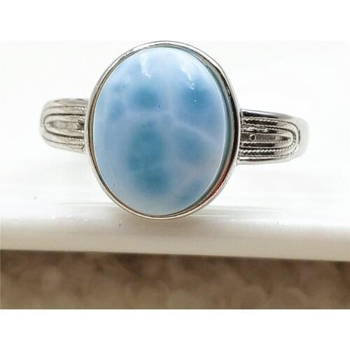 Genuine Natural Larimar Blue Gemstone Adjustable Ring 12x10mm From Dominia Water Pattern Oval 925 Sterling Silver AAAAAA
