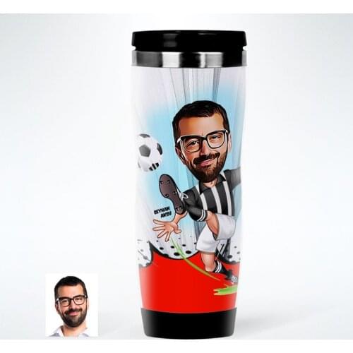 Personalized Mr Football Player Black White Caricature Of Steel Thermos cup-1
