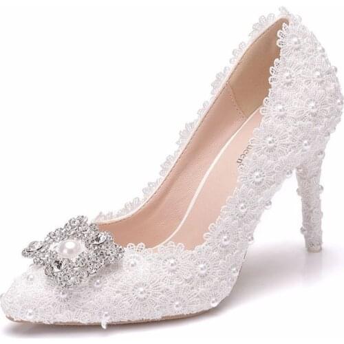 Womens Thin High Heels Sexy women pumps wedding Party banquet Lace PU Rhinestones Slip On 9.5CM Pointed Toe women shoes white