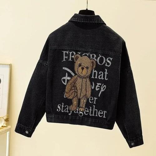 Heavy industry diamond-studded large size denim jacket female black spring and autumn new Korean loose casual bear print jacket