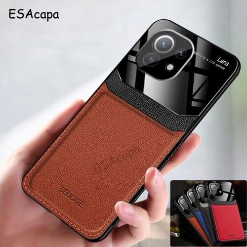 Plexiglass PU Leather Shockproof Bumper Phone Case For Xiaomi Mi 11 Cases Mirror Silicone Soft Frame Cover For Xiaomi Mi 11 Pro