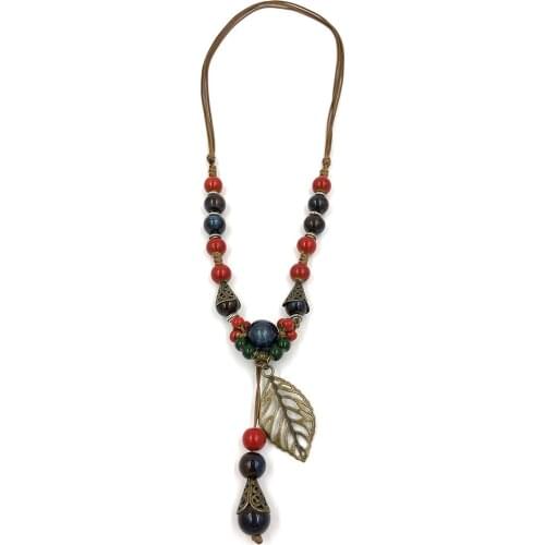 Vintage Ethnic Colorful Ceramic beads leaf pendant Necklace Adjustable Knotted Long pendant necklace for Women gift