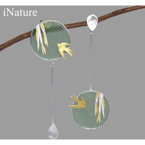 INATURE 925 Sterling Silver Aventurine Flying Swallow Drop Earrings For Women Fashion Animal Jewelry Gift
