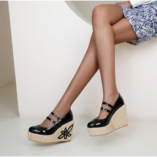 Spring New Concise Women Wedges Shoes Outside High Heels Platform Round Toe Patent Leather Double Belt Buckle Women Black Shoes