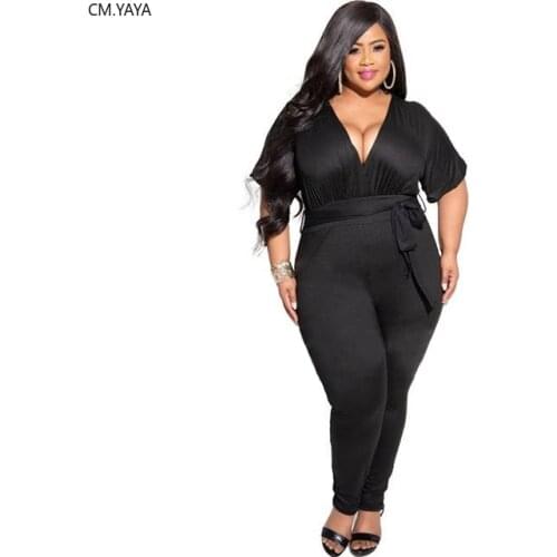 Plus Size L-4XL Summer Women Jumpsuits V-Neck Short Sleeve Skinny Sashes Bodycon Sexy Club Romper One piece Outfits GL19060