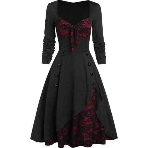 Palace retro dress lace stitching button long sleeved ladies dress womens dress vintage spring dress Autumn