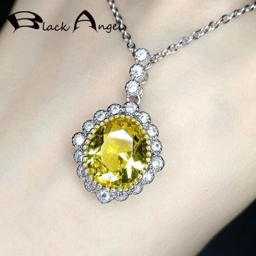BLACK ANGEL Ladies 925 Silver Necklace Luxury Sparkling Large Gemstone Citrine For Women Fine Jewelry Yellow Zircon Pendant