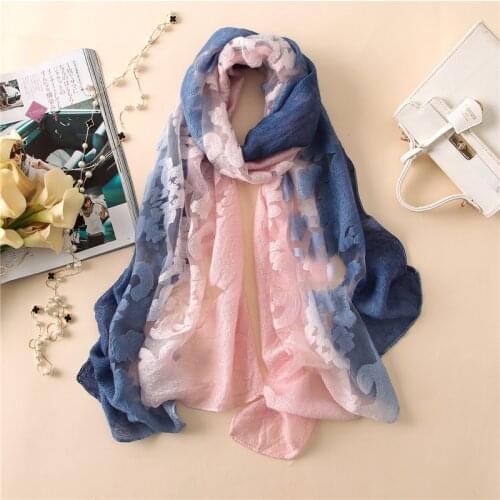 2020 Brand Luxury Scarf Women Fashion Ombre Embroider Silk Scarves Lady Laser Cut Shawls and Wraps Summer Beach Neck Hijab Snood