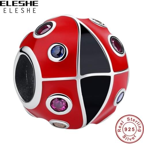 925 Sterling Silver With Enamel Red Round Bead Ladybug Animal Charm Fit Women DIY Bracelet Bangle Necklace Jewelry Gift