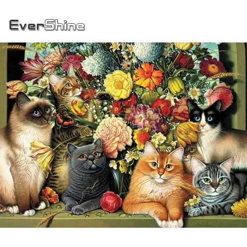 EverShine 5D DIY Diamond Painting Cat Diamond Embroidery Animal Full Drill Square Mosaic Rhinestones Flower Wall Art